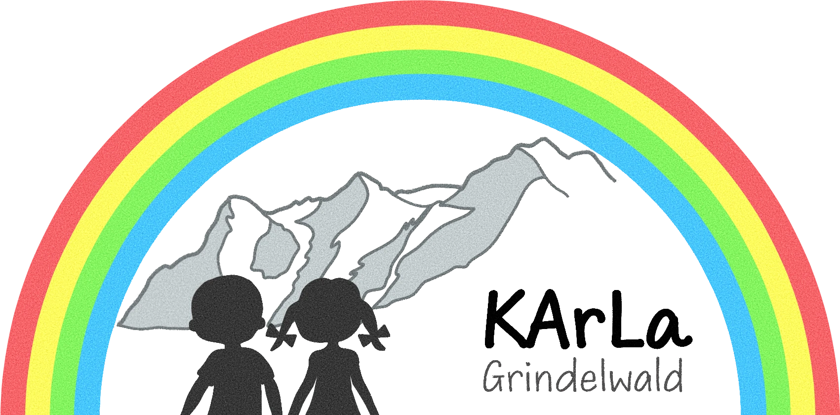 KArLa Grindelwald – handgezeichnetes Logo mit Regenbogen, Eiger und zwei Kindern, die Hand in Hand stehen
